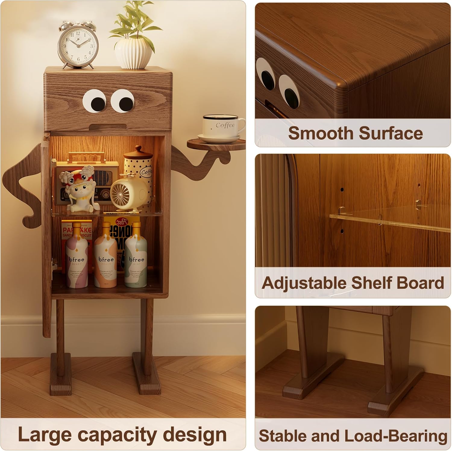 Robot Night Stand, 100% Solid Wood, No-MDF, with Sensor LED Light Mid Century Modern Tall Nightstand with Drawers Modern Nightstand with Adjustable Dividers,Solid Wood Nightstand for Bedroom