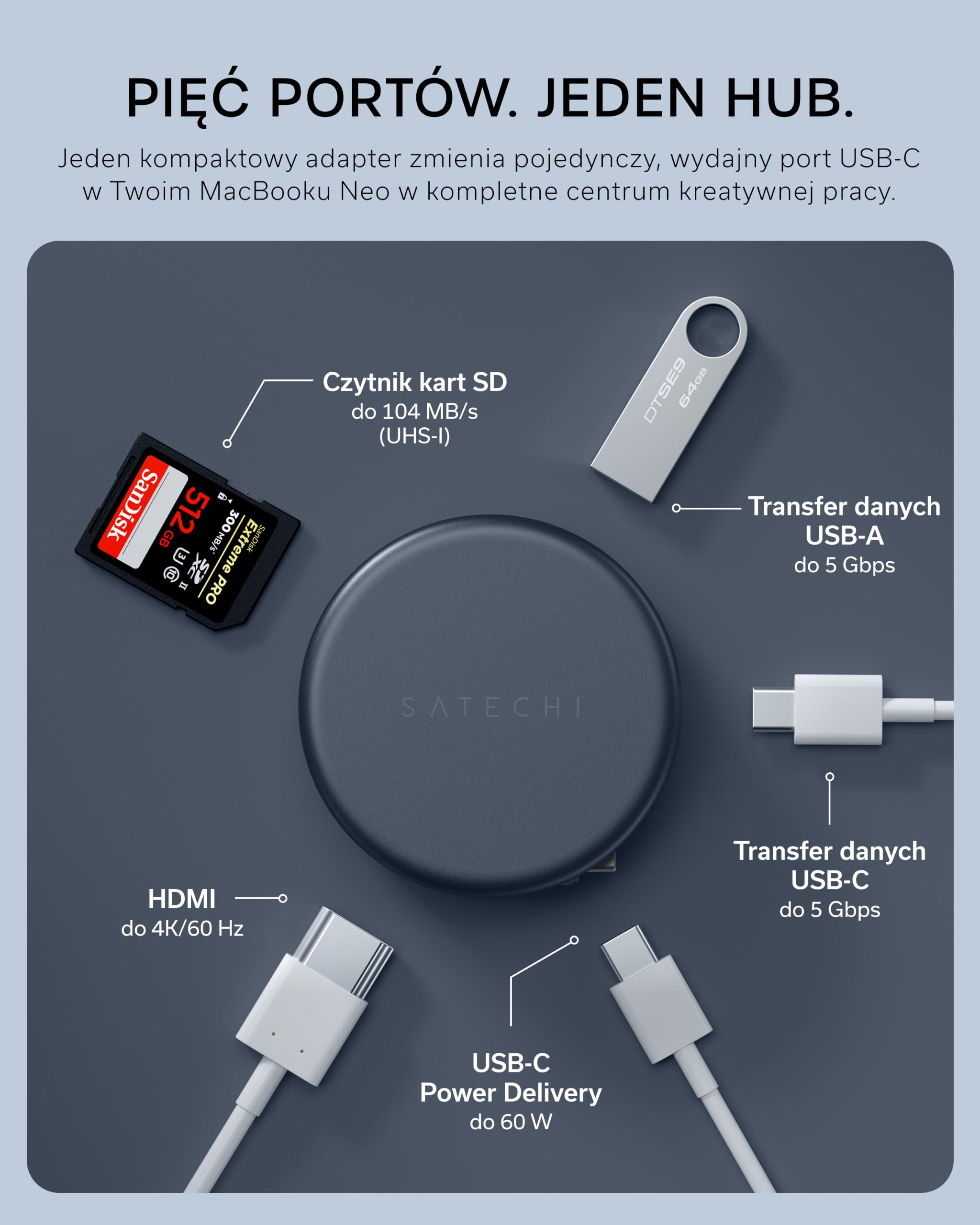 SATECHI hub USB-C OntheGo™ 5 w 1, HDMI 4K@60 Hz, indygo | PD 60 W, czytnik kart SD oraz porty USB-A i USB-C 5 Gb/s, dopasowany do MacBooka Neo