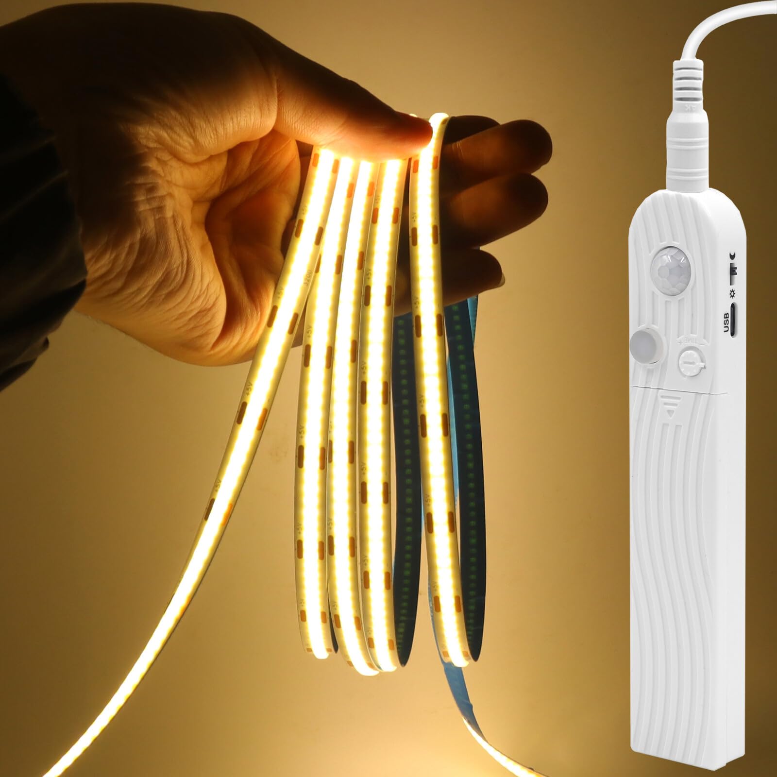 GQL Motion Sensor COB LED Strip Lights - PIR 5V Battery or USB Powered, Self-Adhesive for Closet Wardrobes Cabinets Stairs (Warm White, 0.5m) โ image 1