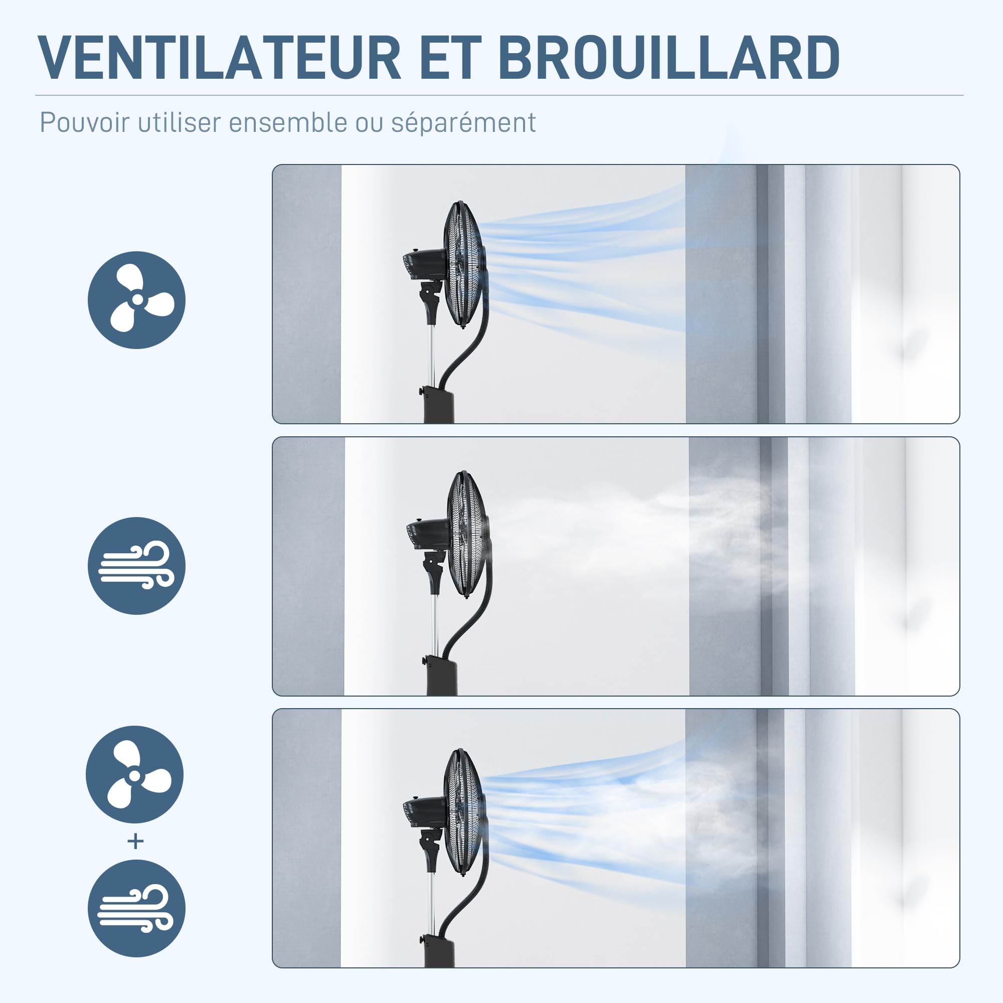 HOMCOM Ventilateur brumisateur sur roulettes ventilateur sur pied 90 W télécommande affichage LED télécommande minuterie 3 modes 3 vitesses oscillant, inclinable réservoir 3L - noir
