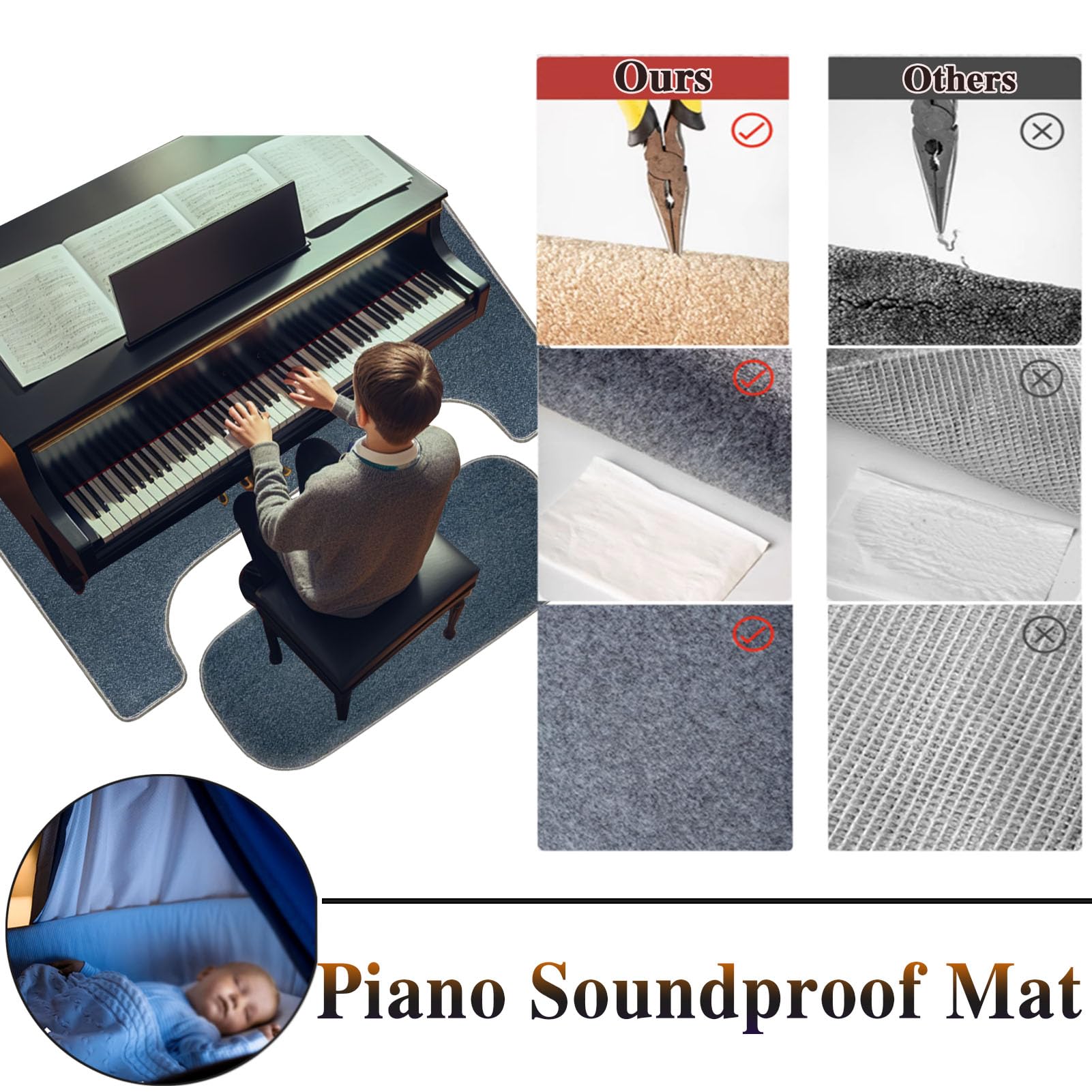 Tappeto per pianoforte insonorizzato, protezione antiscivolo per pianoforti verticali, dimensioni 160 x 70 cm e 115 x 48 cm, ideale per la riduzione del rumore e la protezione del pavimento