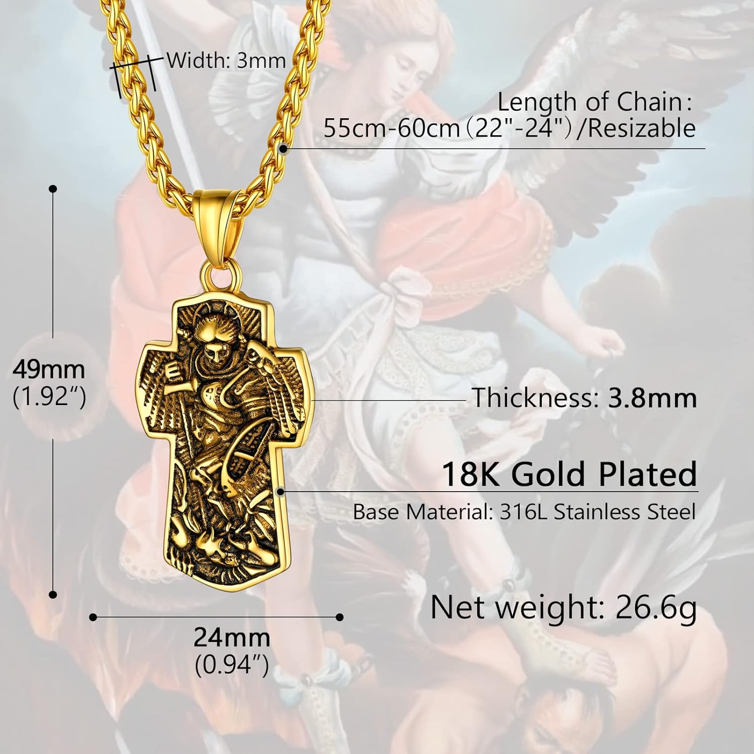 PROSTEEL Gold Plated Big Cross Pendant St. Michael The Archangel Customized Necklace Steel Men Jewelry