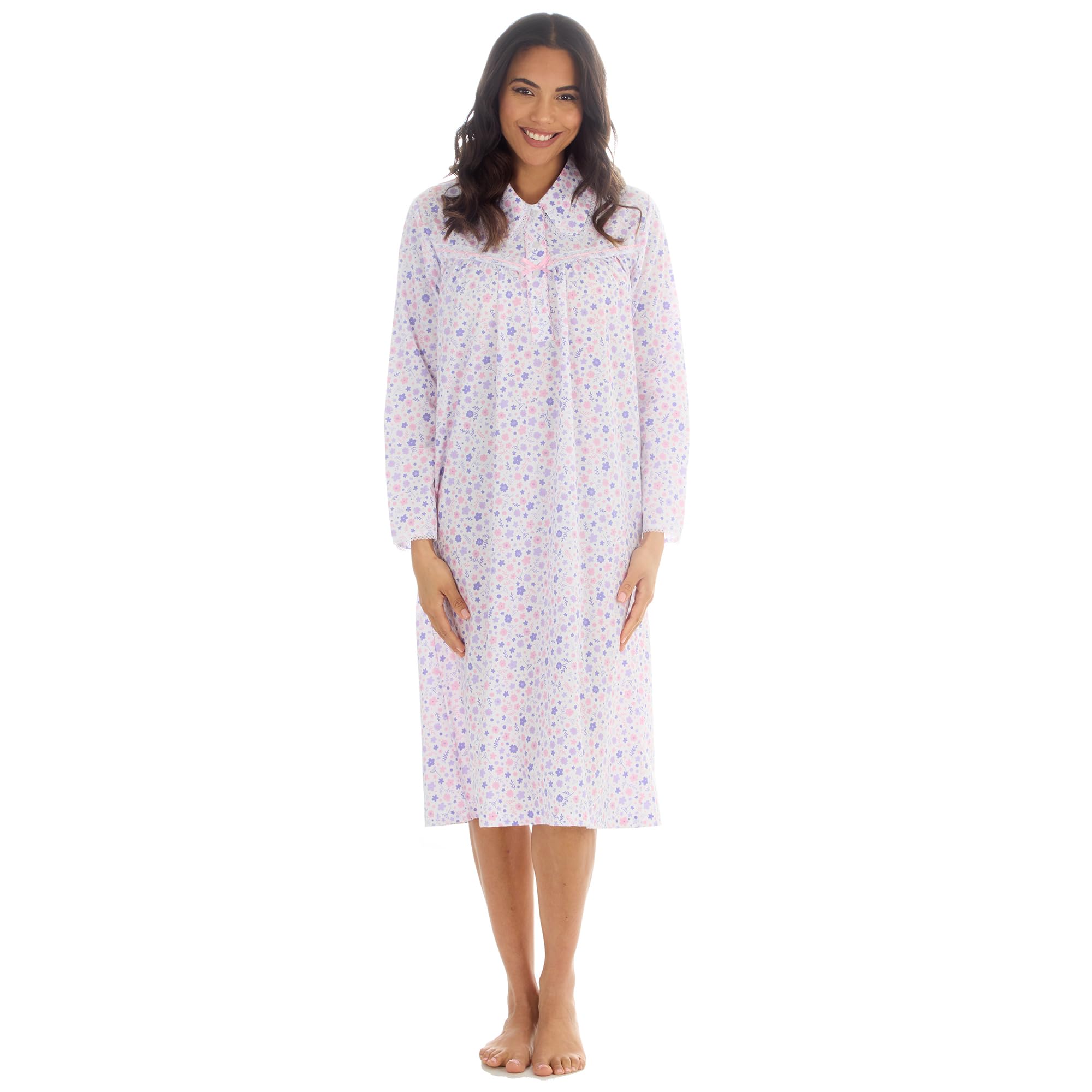 Metzuyan WS-SS25 Ladies Long Sleeve Woven Poplin Nightie Floral Winceyette Nightdress Classic Nightshirt with Collar Purple 14-16