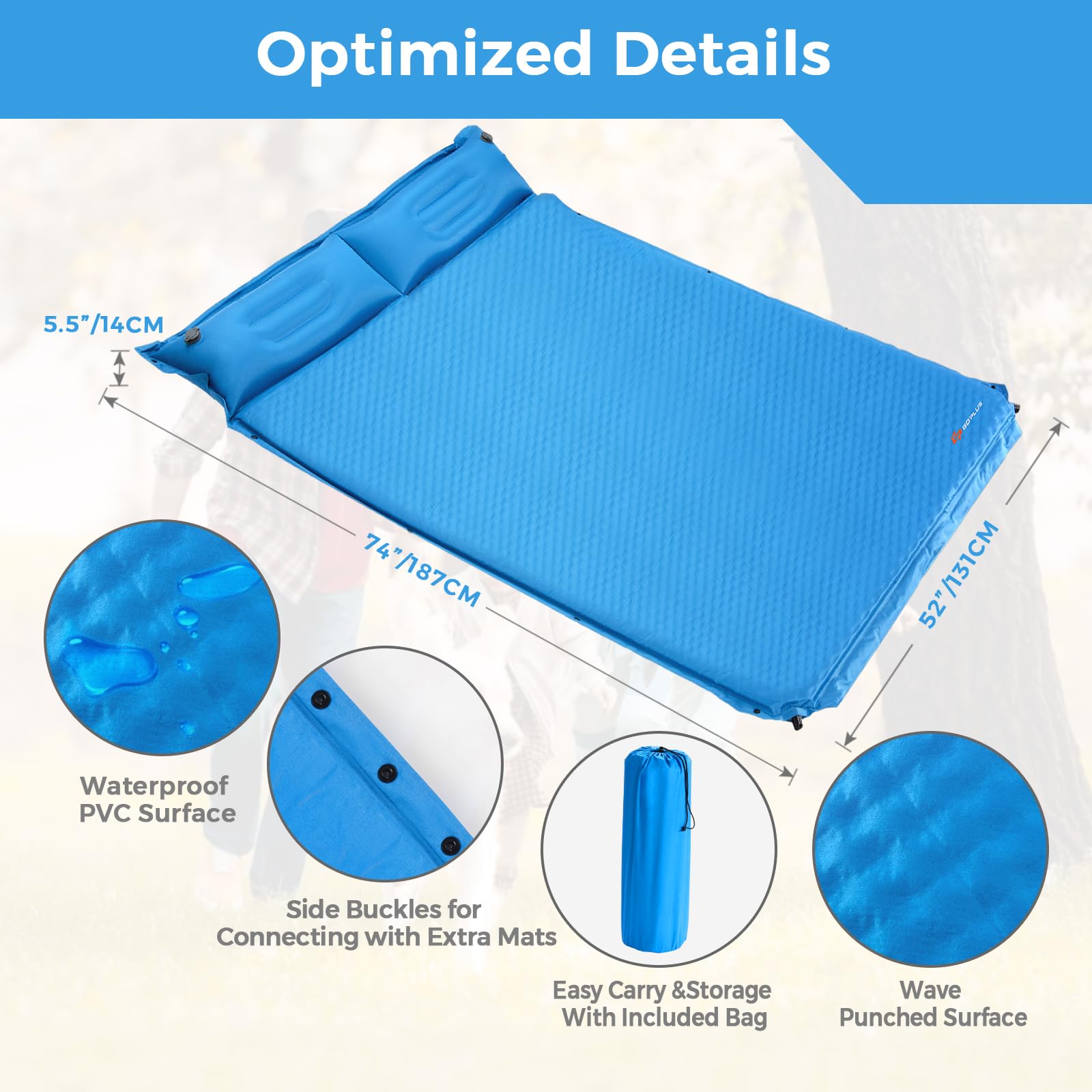 SOARS Colchoneta doble autoinflable, para camping, con almohada integrada y bolsa de transporte, para 2 personas, para camping, exterior, para viajes, playa (azul)