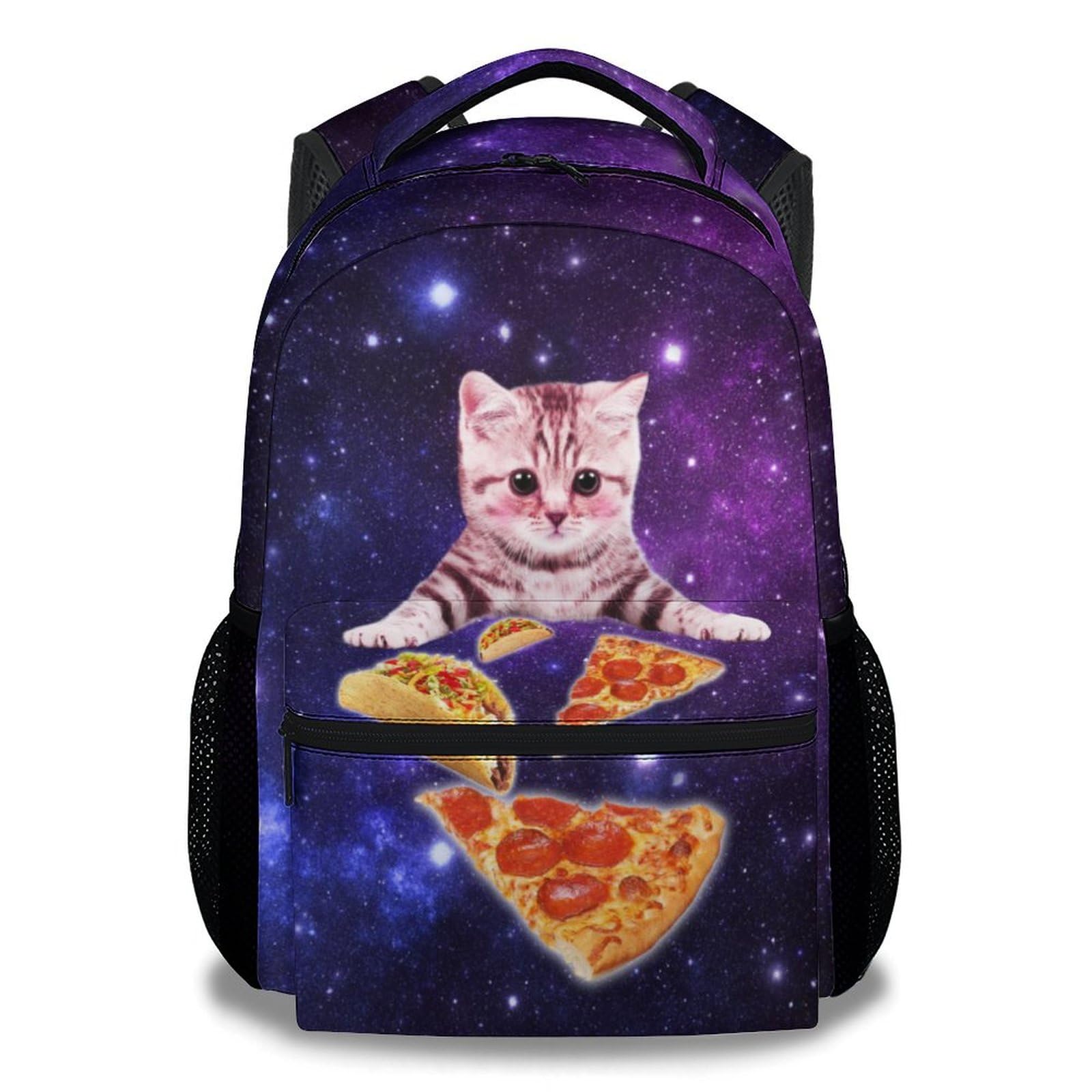 Mercuryelf Galaxy Cat Pizza Backpack for Girls, 16 Inch Backpacks for School Travel, Cute Lightweight Bookbag for Kids