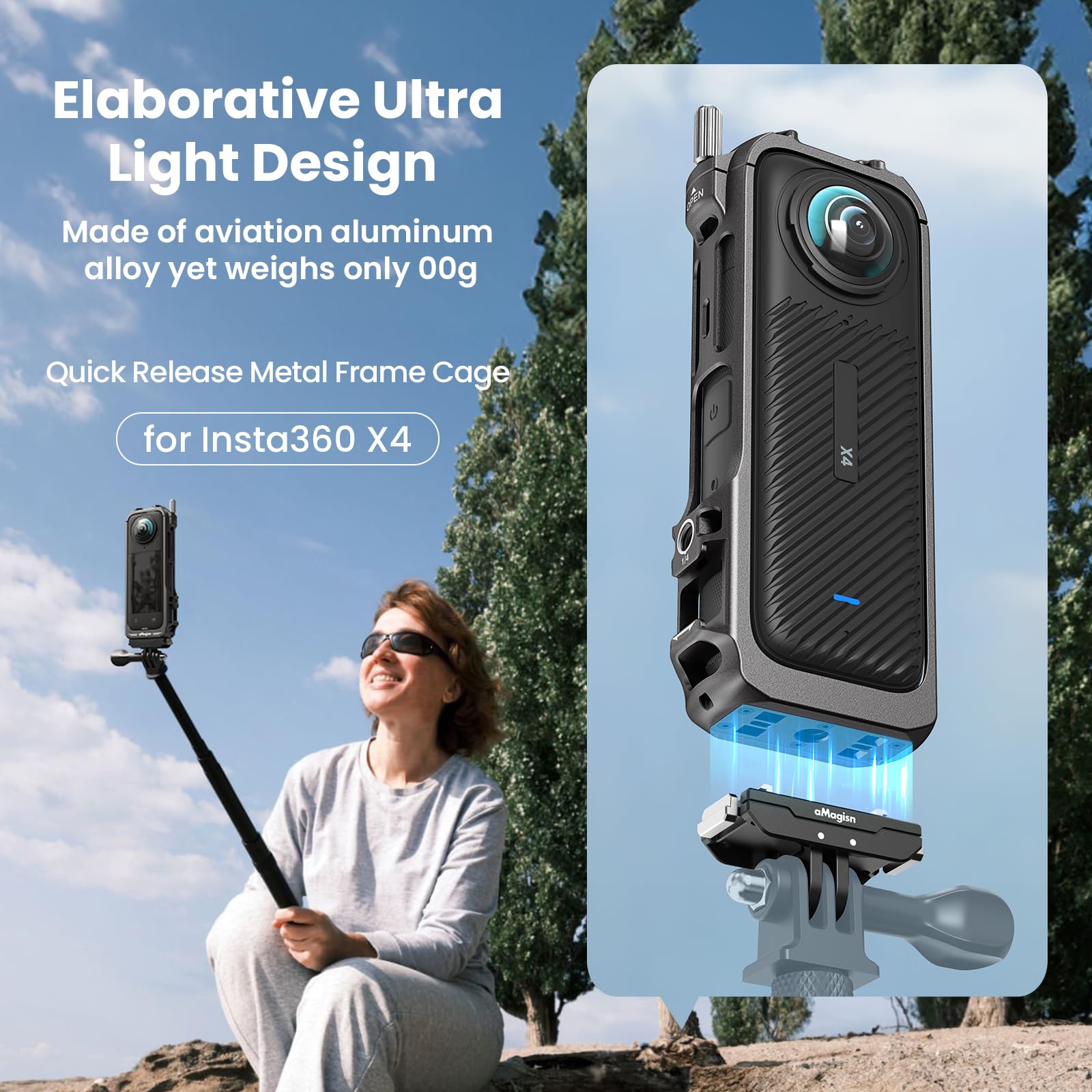 Gabbia Di Protezione In Alluminio Per Insta360 X4 – Multifunzione, Con Attacchi 1/4" E Slitta Fredda, Copriobiettivo In Silicone, Peso 66g, Leggera E Robusta