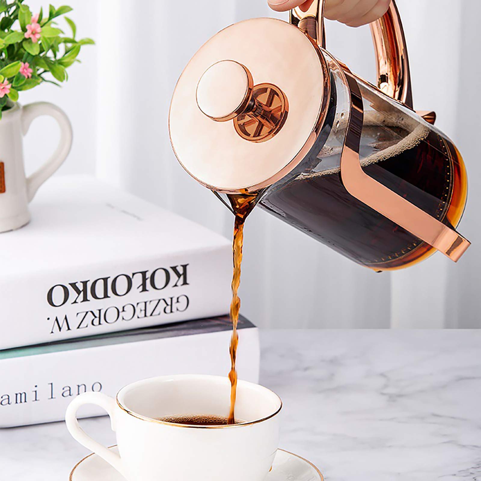 QWEASDF Rosa de Oro Cafetera Resistente al Calor Vidrio borosilicato té del Acero Inoxidable de Fugas Triángulo Base trípode de 3 Niveles Filtration Systems Confort Mango