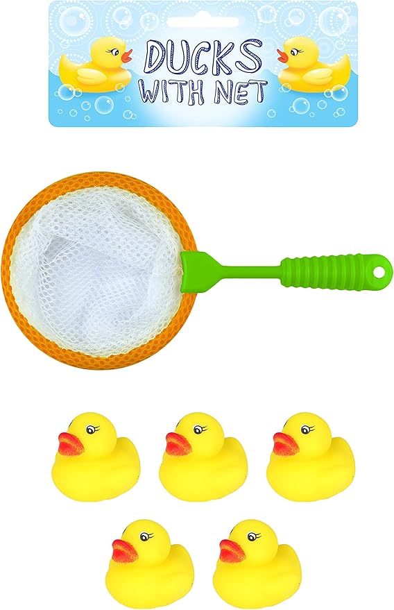 D.A.Y. Republic Baby & Toddler Toys,Bath Toys D.A.Y. Republic 5 Mini Yellow Rubber Ducks with Fishing Net, Baby Toddler Bath Toy, Great for Paddling Pool Games and Bathtub Play (One Pack)
