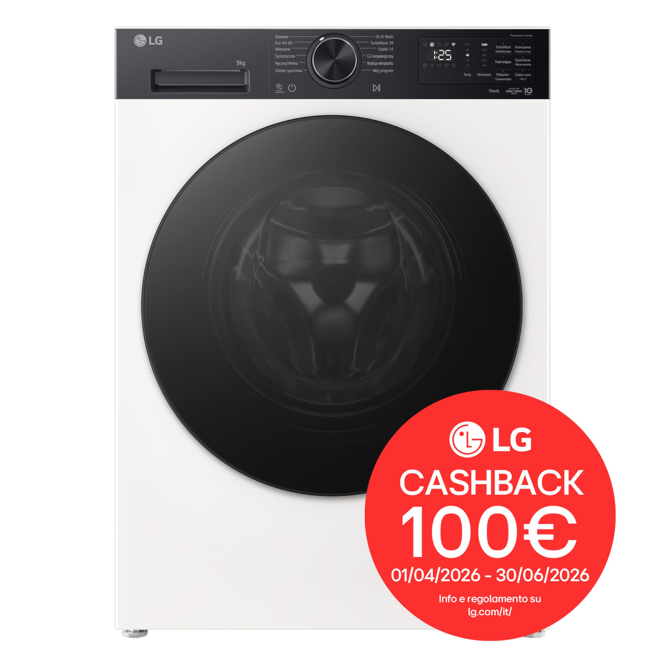 LG F2NX50S9THB Lavatrice Slim 9 kg Next AI DD, Classe A -30%, 1200 Giri, Programma AI Wash con Intelligenza Artificiale, Wi-Fi, Allergy Care, TurboWash 360, Direct Drive, Serie X5, White Black Pannel
