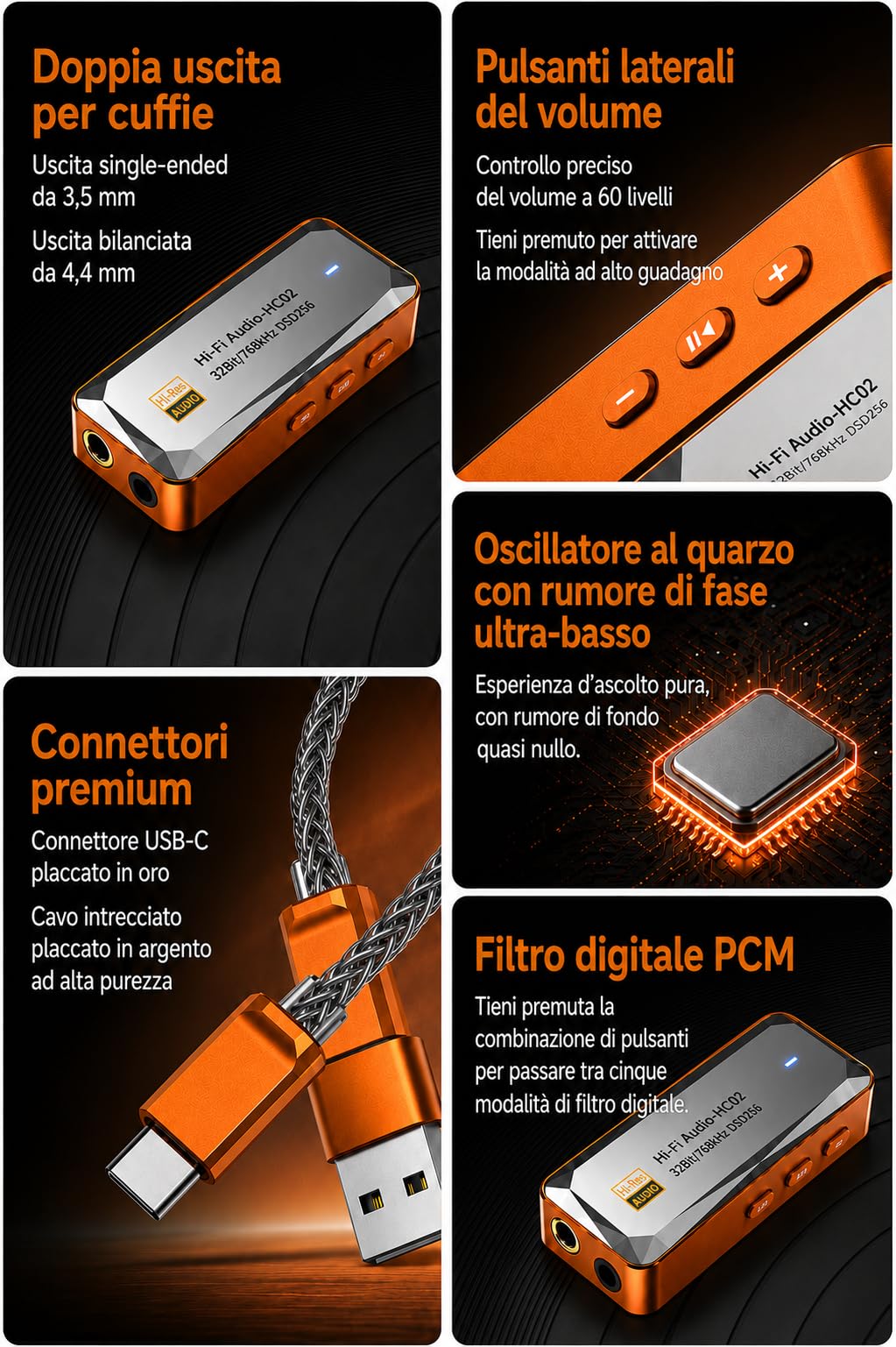 DAC USB C Amplificatore per Cuffie, Dongle DAC Portatile CS43198, Jack 3,5 mm e 4,4 mm, Hi-RES 32 bit/768 kHz, DSD256, Scheda Audio Esterna per IEM, Smartphone, Tablet e PC, Arancione