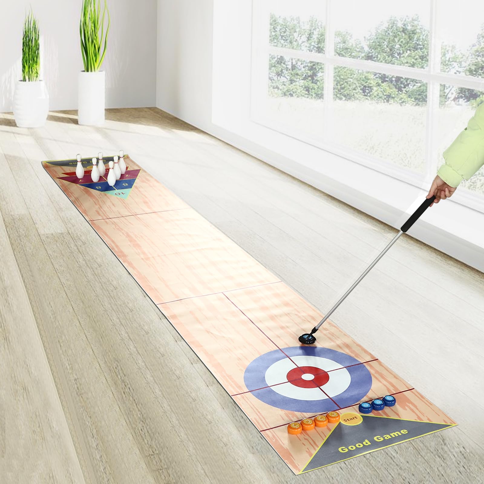 3 en 1 Shuffleboard Bowling, tabla de juegos superiores, juego portátil de curling con 6 bolos y 2 putters, diversión familiar para niños y fiestas