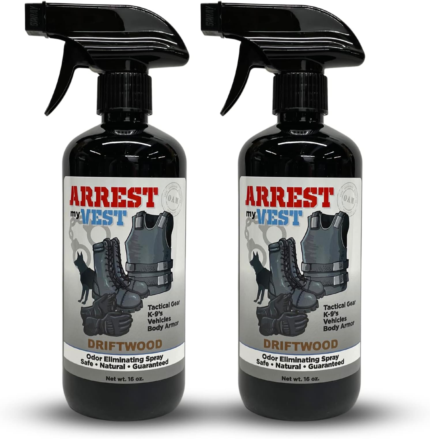 Arrest My Vest Military and Police Grade Odor Eliminating Spray for Body Armor Odor, Tactical Gear. Safe on K9's. Safe on All Ballistic Vests and Fabrics - New Driftwood Fragrance - 2 16 oz Bottles