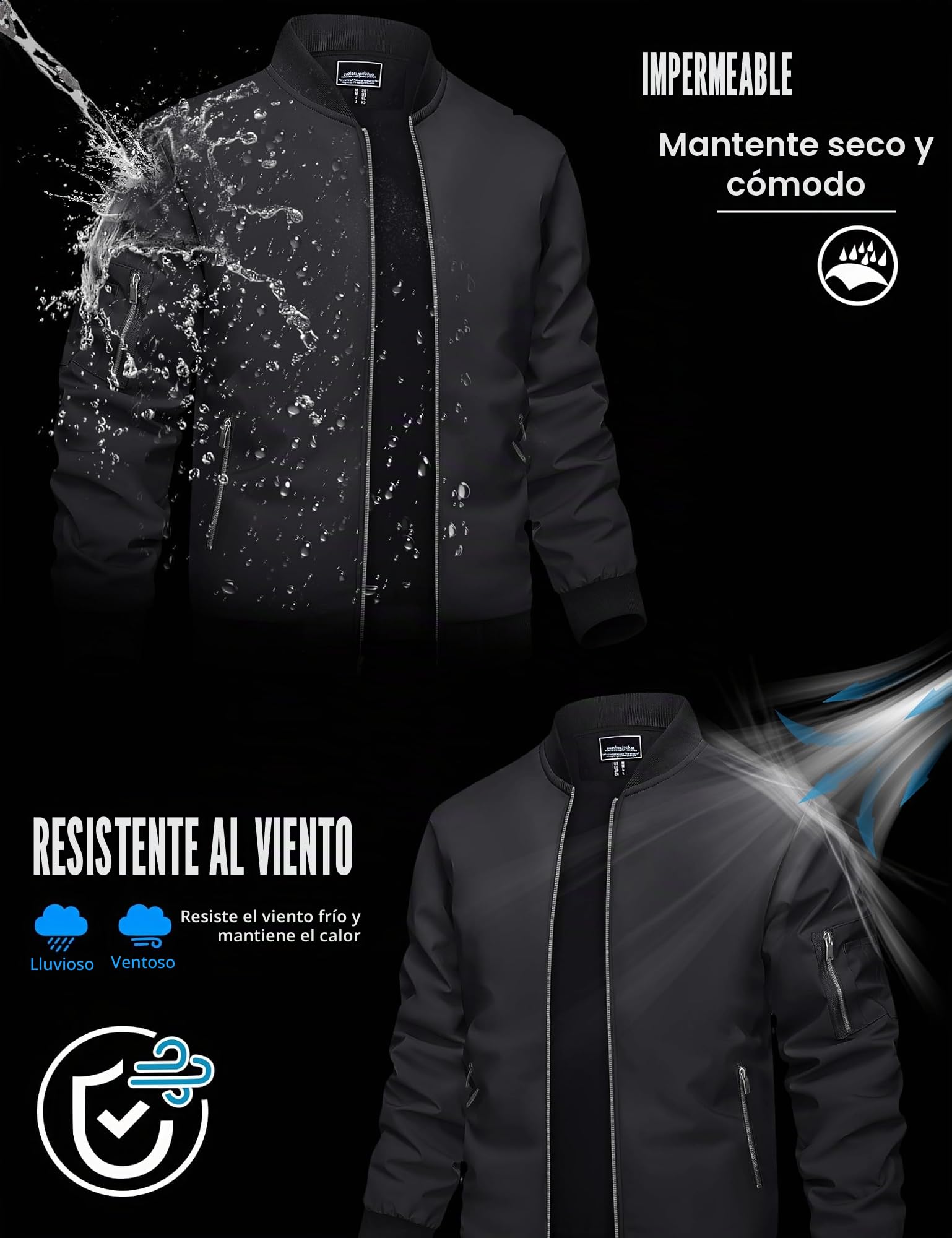 TACVASEN Chaqueta bombardero para hombre, chaqueta ligera de transición, chaqueta de aviador, cuello alto, otoño, primavera, Blouson con bolsillos con cremallera