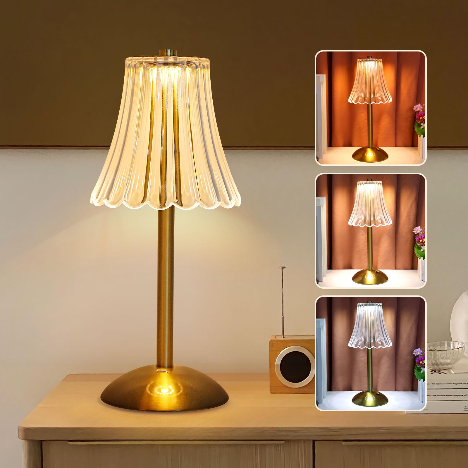 Goeco Lampe de Table LED Dorée, 5W 30cm Lampe de Chevet 3000K/4500K/6500K Veilleuse avec Abat-jour Acrylique en Forme de Jupe, Éclairage d'Ambiance avec Base Métallique pour Chambre à Coucher