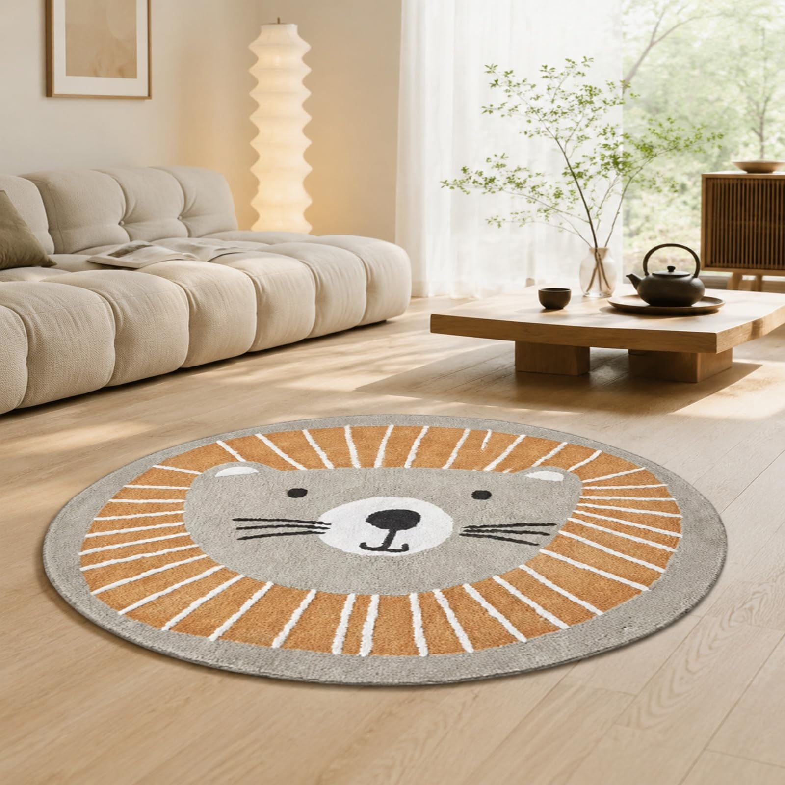 Tapis rond marron et blanc 80 cm de protection sol pour fauteuil et décoration intérieure