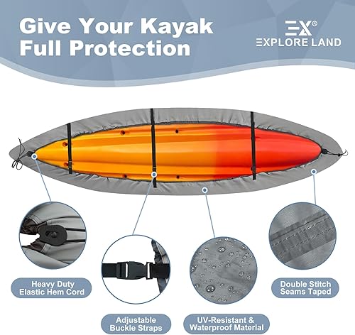 Miniatura 4 de Explore Land Cubierta impermeable para kayak, protección UV, cubierta de almacenamiento de polvo de canoa 600D, adecuada para kayak de 12.3 a 13.5