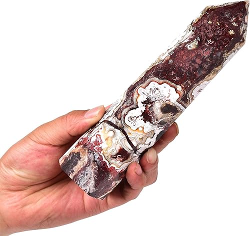 Miniatura 2 de AMOYSTONE Torre hexagonal de ágata roja mexicana con energía de tierra para meditación y oficina, decoración de estante de piedra pulida pesada