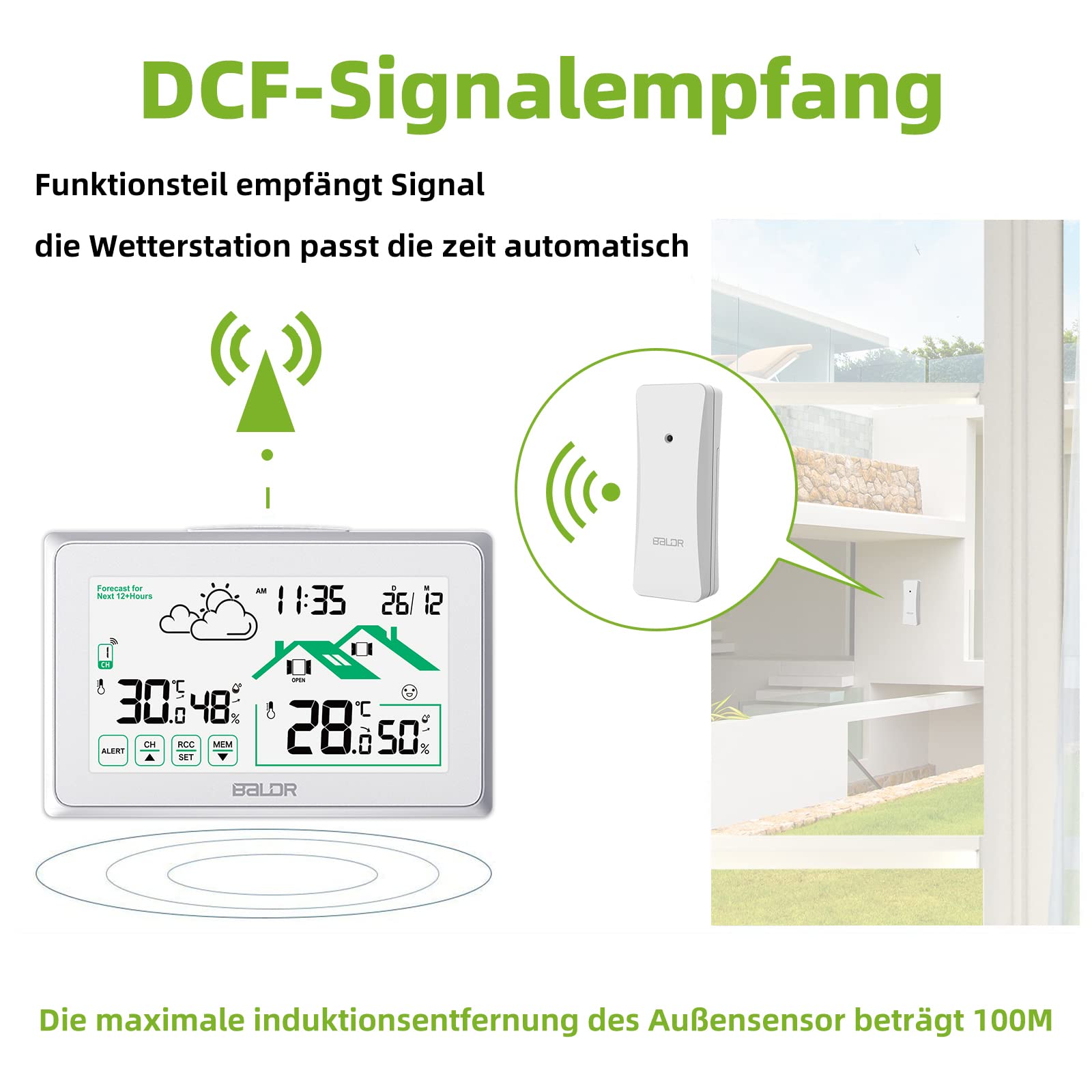 BALDR Meteo Station für den Innenbereich, kabellos, Umerische Uhr, DCF, Innen-Thermometer, mit Wettervorhersage für Belüftung und Hintergrundbeleuchtung