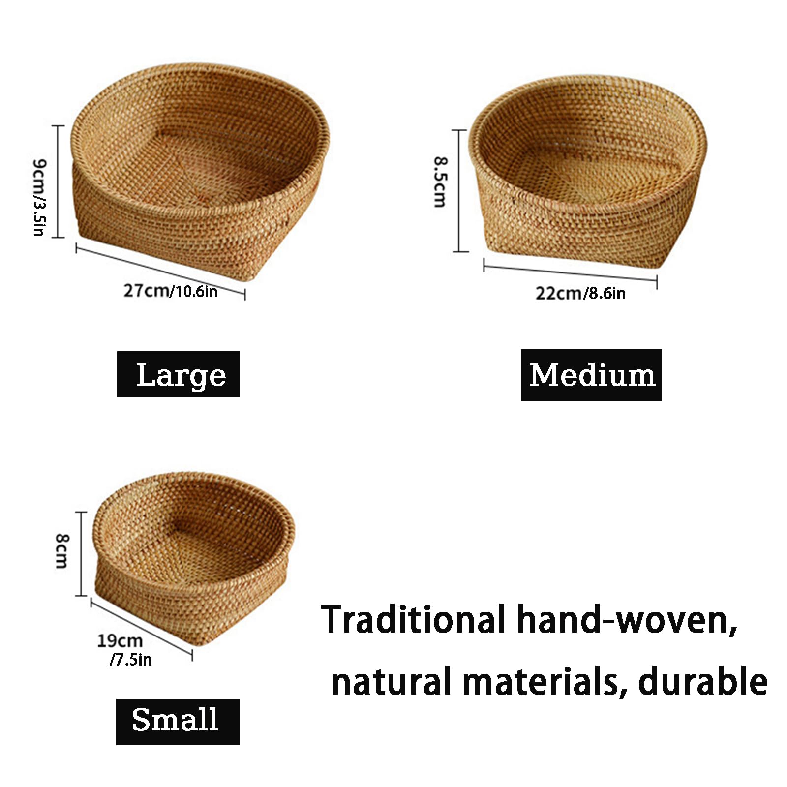 Set di cestini in Rattan Intrecciato a Mano 3 Pezzi da Soggiorno Scaffale da Cucina Organizzazione Cestini per la conservazione del Pane per Cibo da Picnic,Marrone