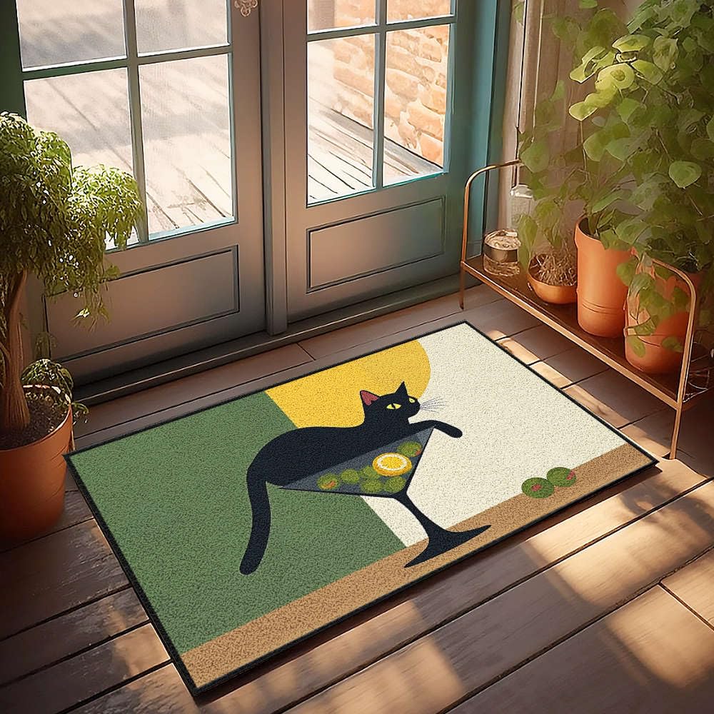 Tapis de bienvenue A Black Cat Is Sitting In A Martini Glass pour terrasse et entrée
