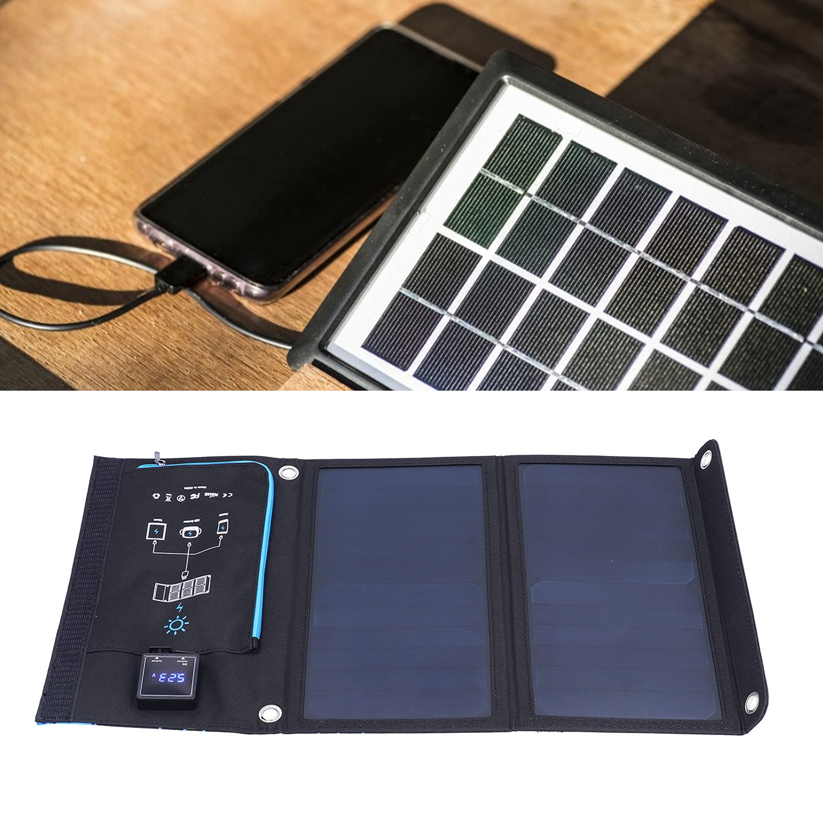 Ejoyous Bolsa de Cargadores Solares Banco de EnergíA Solar Plegable con Panel Pet de 15 W USB Dual 5 V 2,5 A ABS Tela de Goma para Viajes Al Aire Libre Senderismo Camping Teléfono Tablet Carga