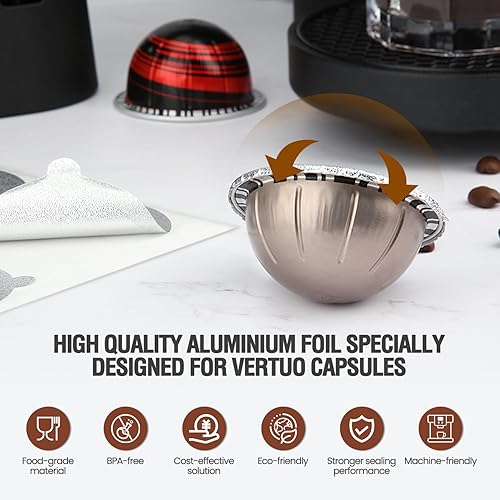 Miniatura 4 de Pro Mael Tapas de papel de aluminio para cápsulas VertuoLine reutilizables, cubierta de sellado para cápsulas Nespresso VertuoLine recargables (100
