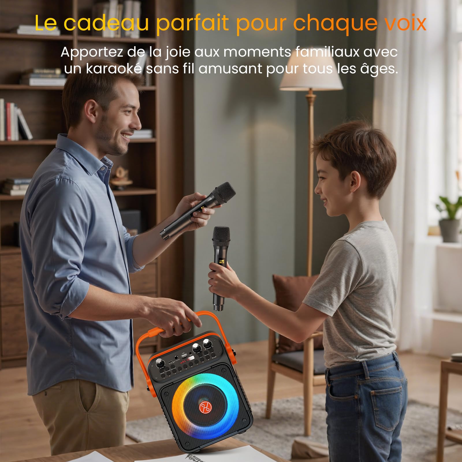 HWWR Enceinte Karaoke 2 Micro sans Fil, 60W Karaoke Professionnel pour Adultes et Enfants, Bluetooth 5.3 avec Préampli Enceinte Micro, Haut-Parleur de Fête Portable - Cadeau