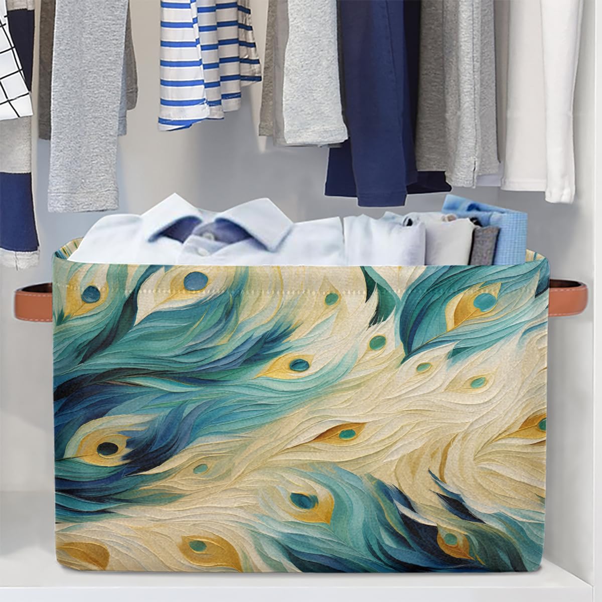 Mexpekil Cesta de almacenamiento de plumas azules de pavo real, caja de almacenamiento de juguetes para niños, plegable, organizador de tela para estantes, cesta de regalo grande con asas, 2 piezas