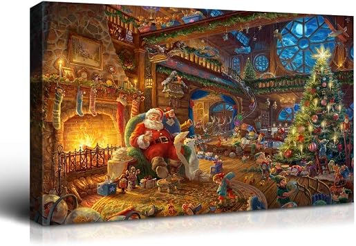 Wewejia - Christmas Canvas Wall Art, Santa Claus Reading Book By Fireplace Canvas Art Prints, Winter Christmas Wall Decorations for Home Living Room Decor Festival New Year Gift 32x24 Inches