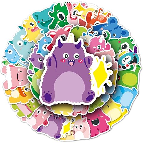 50PCS Colorful Monster Stickers, Waterproof Vinyl Decals for Kids Teens Scrapbooking Laptop Water Bottle Journal Party Decorations Cute Cartoon Sticker Pack
