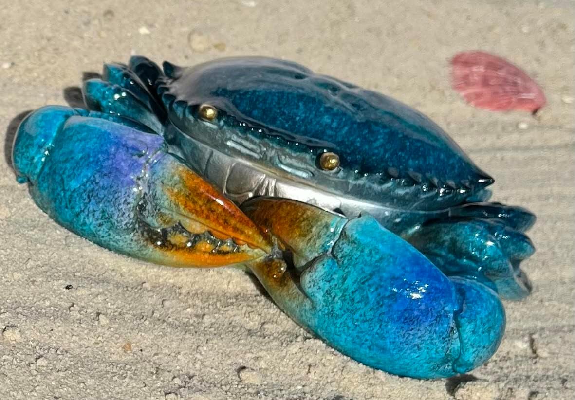 Top Brass Decorative Blue Crab Trinket Box Jewelry Secret Storage Compartment - Coastal Figurine - Beach Ocean Decor
