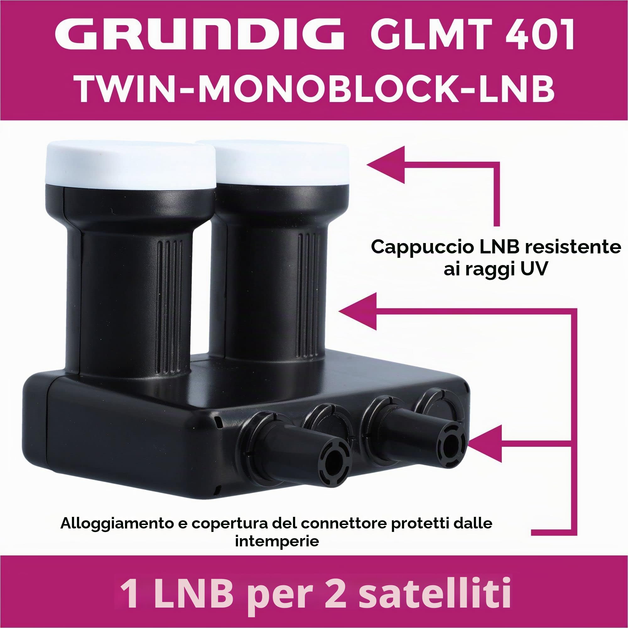 [ Test molto buono, Note 1.2 *] GSS Basic Monoblock Twin LNB Astra Hotbird per 2 partecipanti e 2 satelliti, 2 ingressi HD 4K LNC per collegamento diretto (TV, ricevitore satellite) LMB per parabola