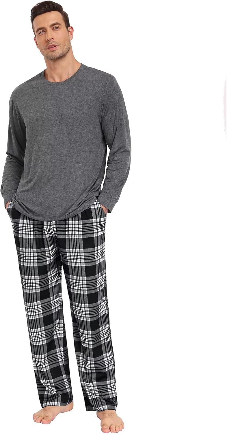 SWOMOG Mens Pajama Pants Soft Sleepwear Pant Lounge Pj Bottoms with Drawstring & Button Fly & Pockets
