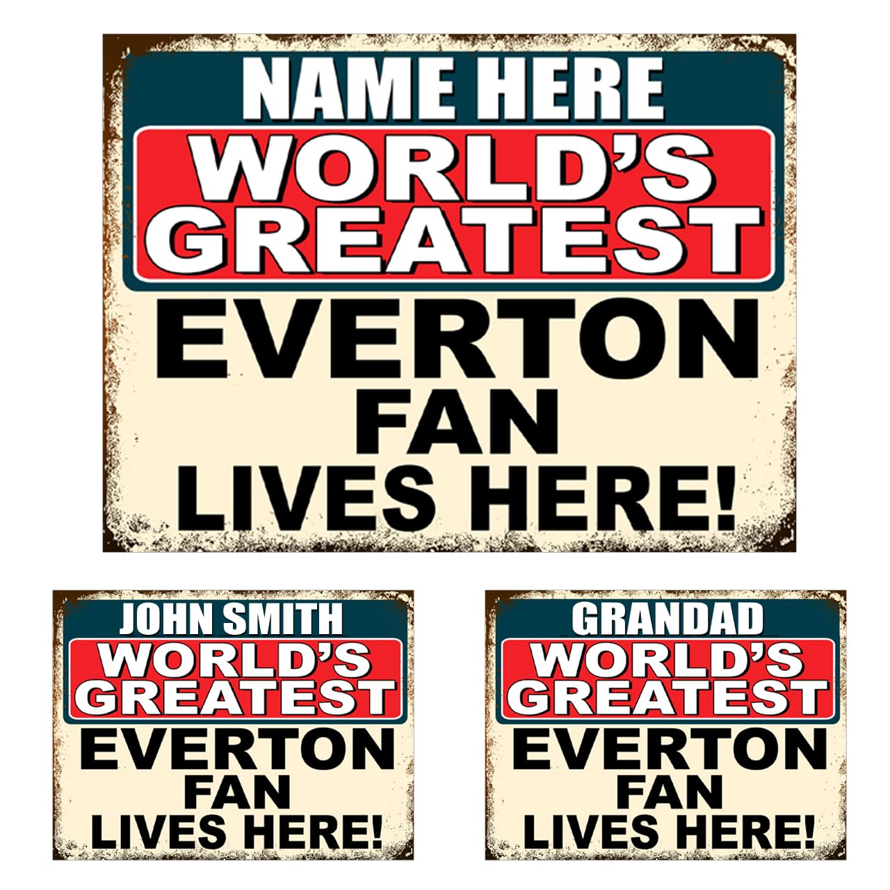 Compatible With Everton Man Cave Home Bar Personalised World's Greatest Fan Lives Here Metal Sign Plaque Print Football Dad Gift Fathers Day Xmas Ref3264PER (8x6 inches (Approx) 20cmx15cm)