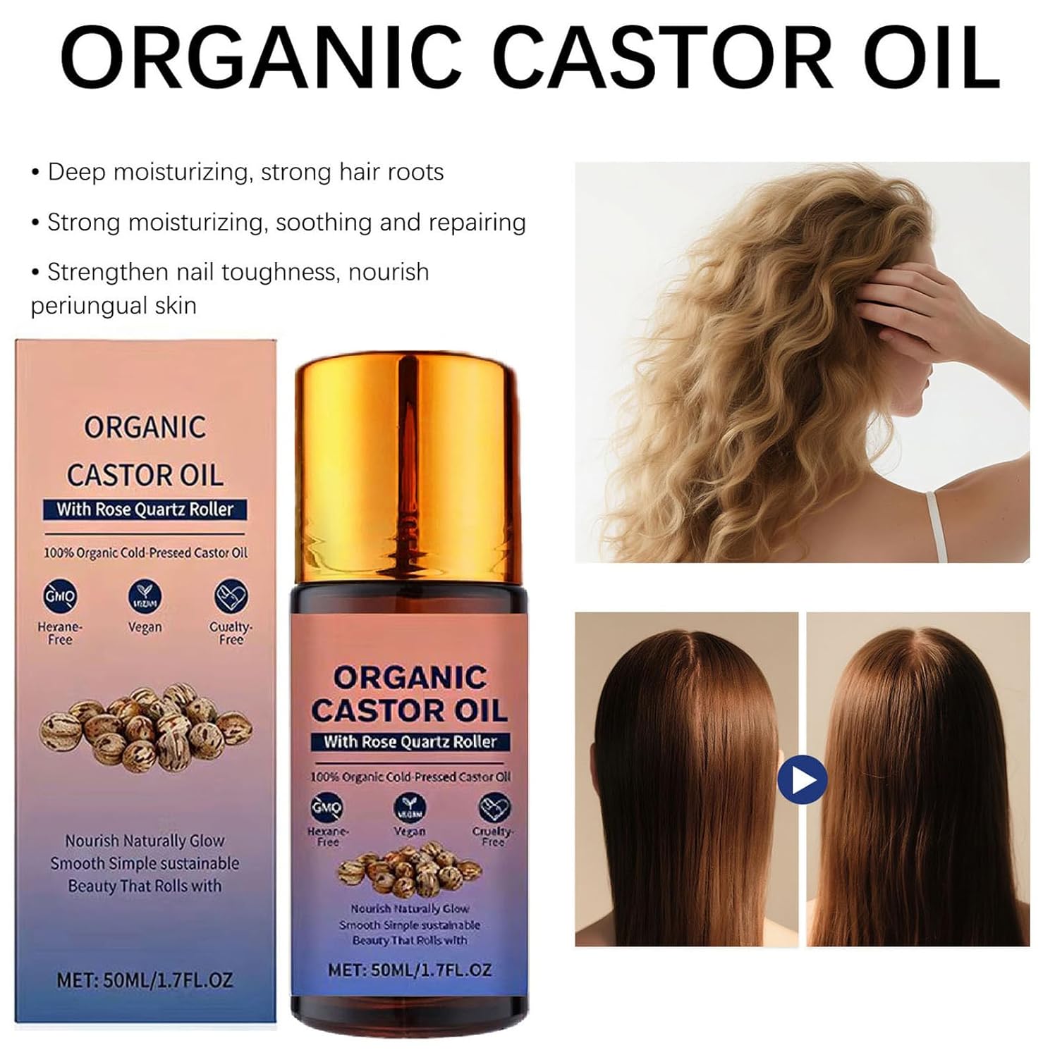 Organic Castor Oil with Rose Quartz Roller Ball,100% Castor Oil Organic Cold Pressed, Amber Glass Bottle, Hexane-Free, for Face and Body, Hair, Eyebrows, Moisturizer Skin.