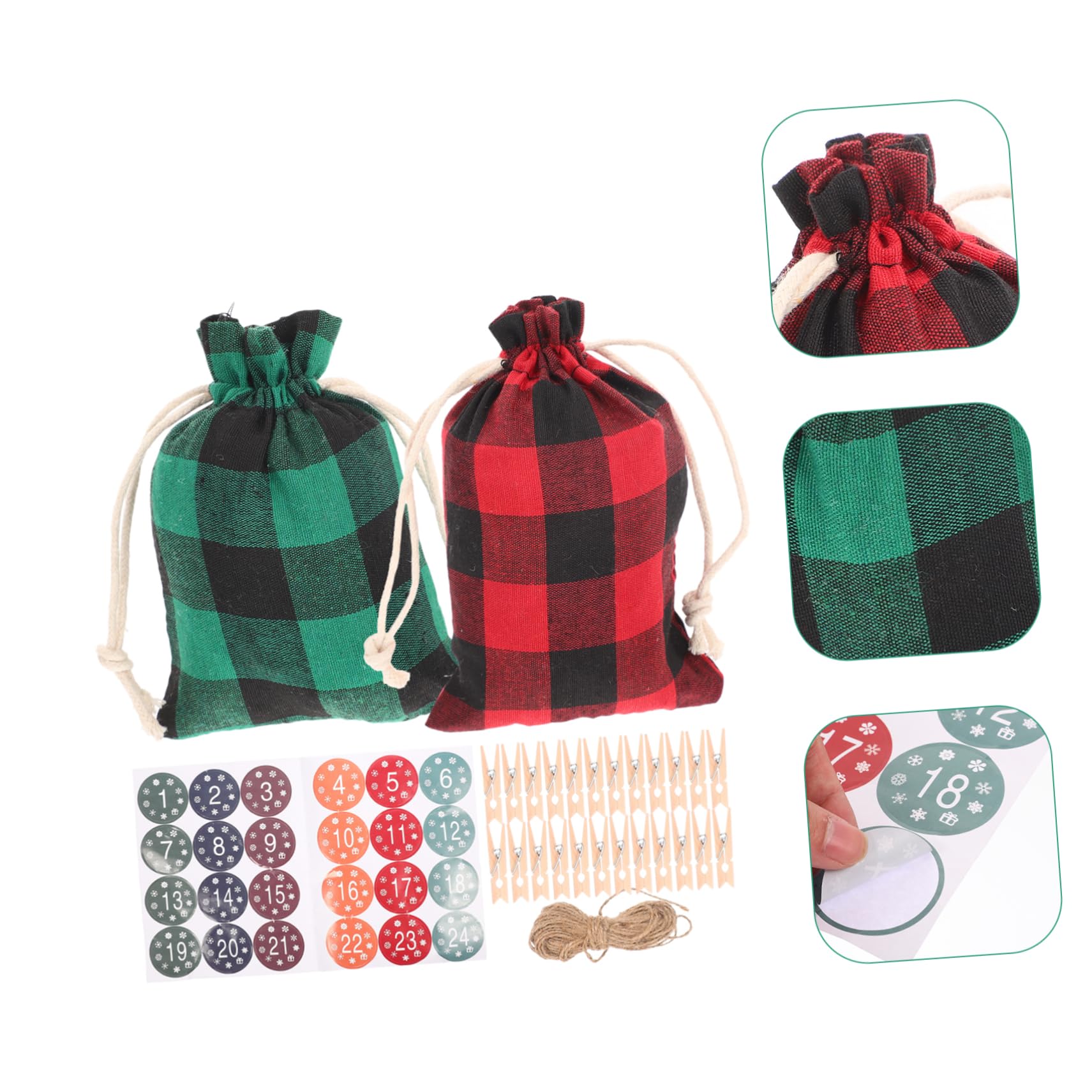 DEARMAMY 3 Set Sacchetti Natalizi in Lino con Coulisse Borse per Dolci e Caramelle Riutilizzabili Design Verde e Nero con Adesivi Cuore Festa e Regali Natale