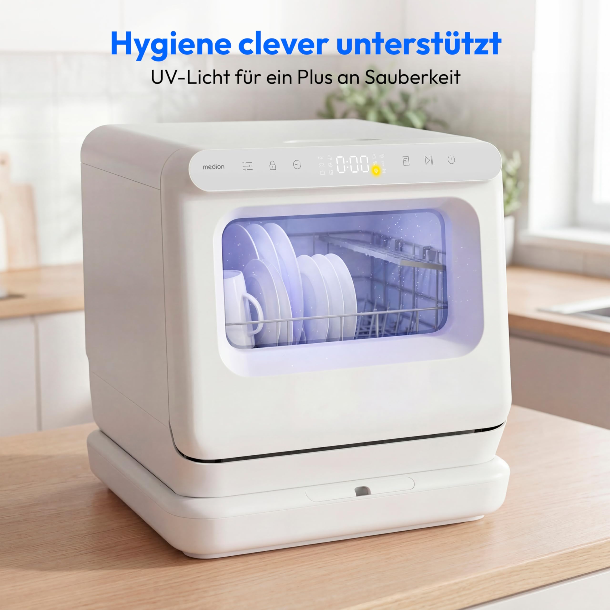 MEDION Mini Geschirrspüler DWT30 3 Maßgedecke 3in1 Tischgeschirrspüler 6 Programme UV-Licht freistehend