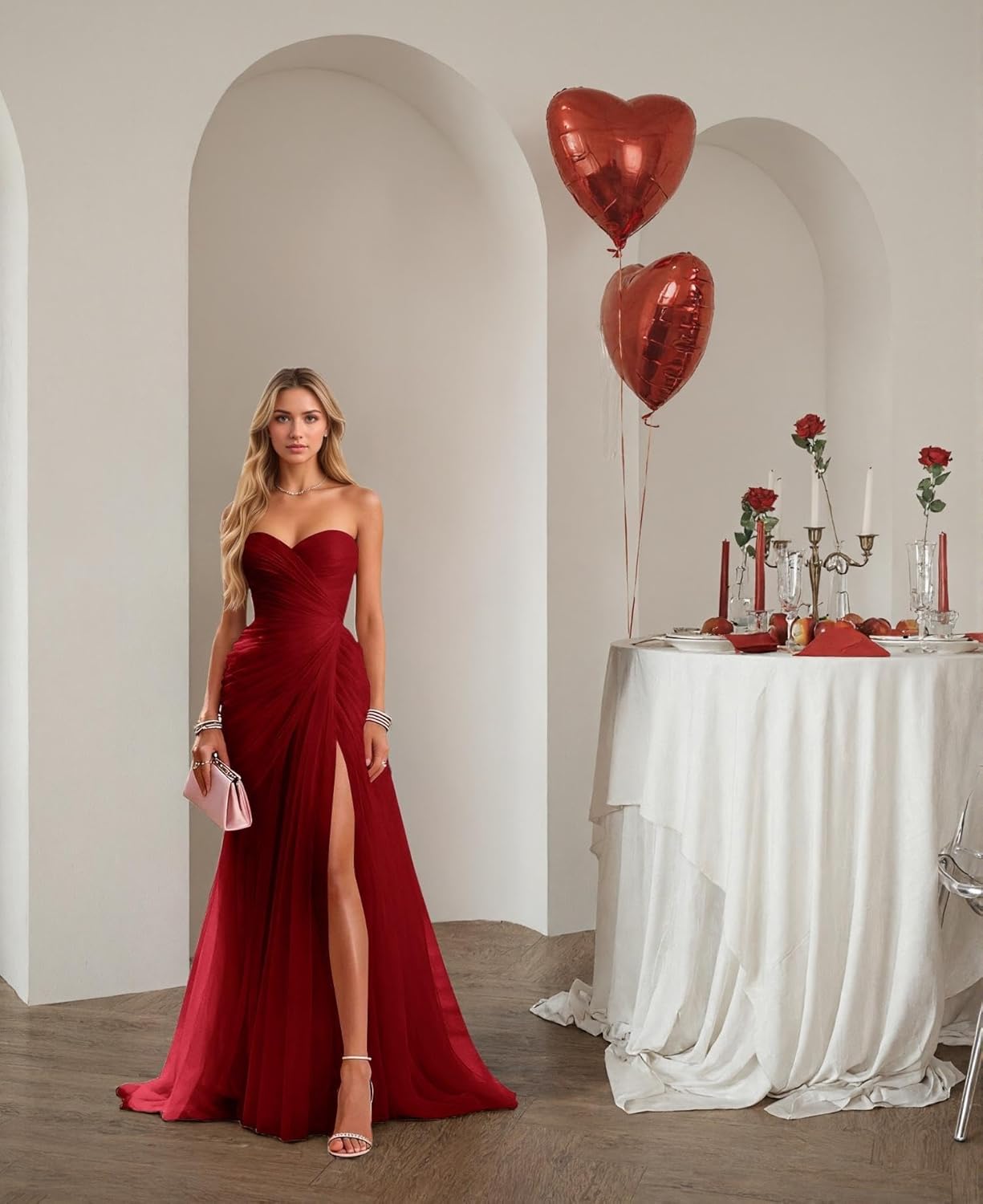 Tulle Prom Dresses for Women Teens Ball Gown Long Strapless Pleated Formal Evening Gowns with Slit - Image 5