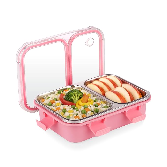 ATTRO Duo Meal Stainless Steel Lunch Box with 2 Partition, Microwave Safe, Airtight Leakproof Silicone Seal Lid, BPA-Free Food Grade Tiffin Box for Office School Kids – 650ml – Pink