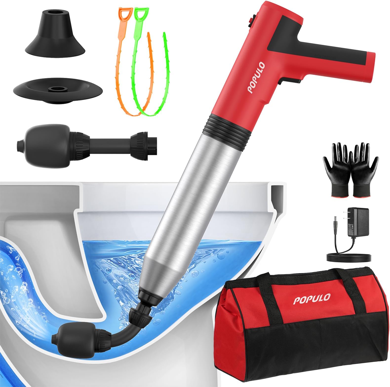 POPULO Electric Toilet Plunger Swift High Pressure Drain Anti-Clog Plunger for Bathroom, Floor, Shower Heavy Duty Universal Home Toilet Clog Remover