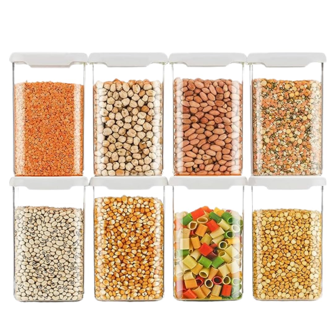Nexium Airtight Square Containers (Pack of 8, 1100ml, White) | Easy Flow Cereal Dispenser Jars for Kitchen Storage | Versatile Dabba & Box for Grains, Snacks, and More