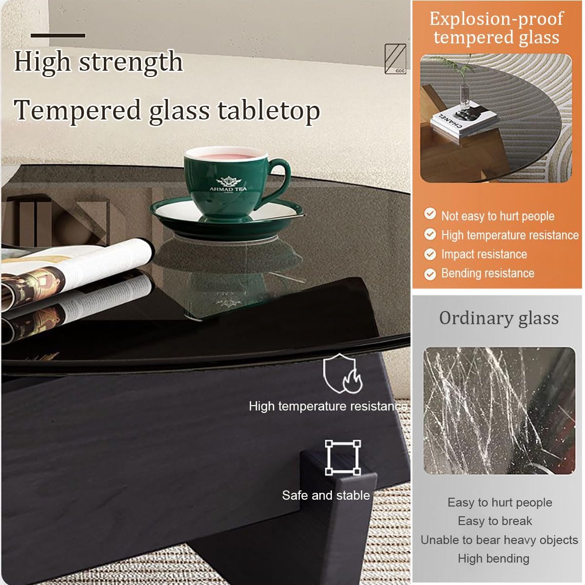 Runde Couchtische Aus Glas, Kleiner Couchtisch Für Wohnzimmer, Rustikaler Kaffeetisch Für Landhausstil, Massivholzsockel, Einsteck- Und Zapfenstruktur, 70x70x31cm, Schwarz
