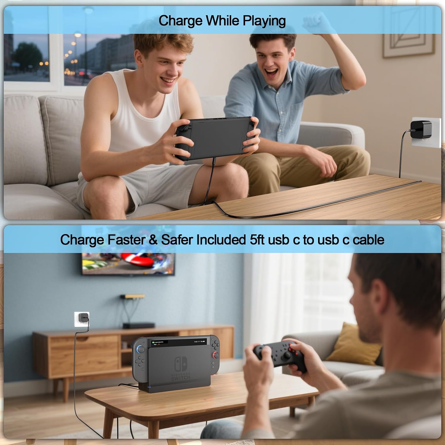 Switch 2 Charger 60W PD 3.0 Fast Charging for Nintendo Switch 2, Steam Deck, Asus Rog Ally with 5FT USB C to C Cable Power Supply Ac Adapter for Lenovo, Dell, Samsung Laptops, Smart Phone, Tablet
