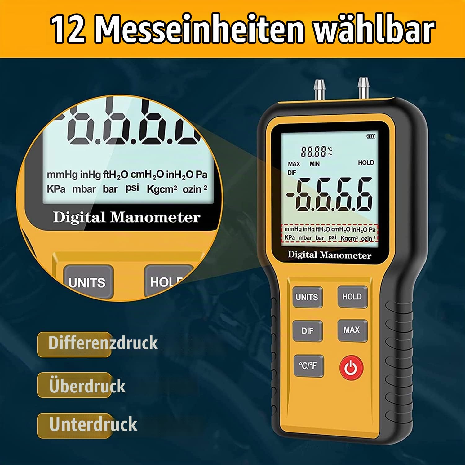 Differenzdruckmessgerät Kethvoz Gasdruckmessgerät HVAC Gas Manometer mit Zwei Anschlüsse zur Messung des Luftstrom-Gasdifferenzdrucks ±2,999 psi /±20,68 kPa, 12 wählbare Einheiten & Datenspeicher