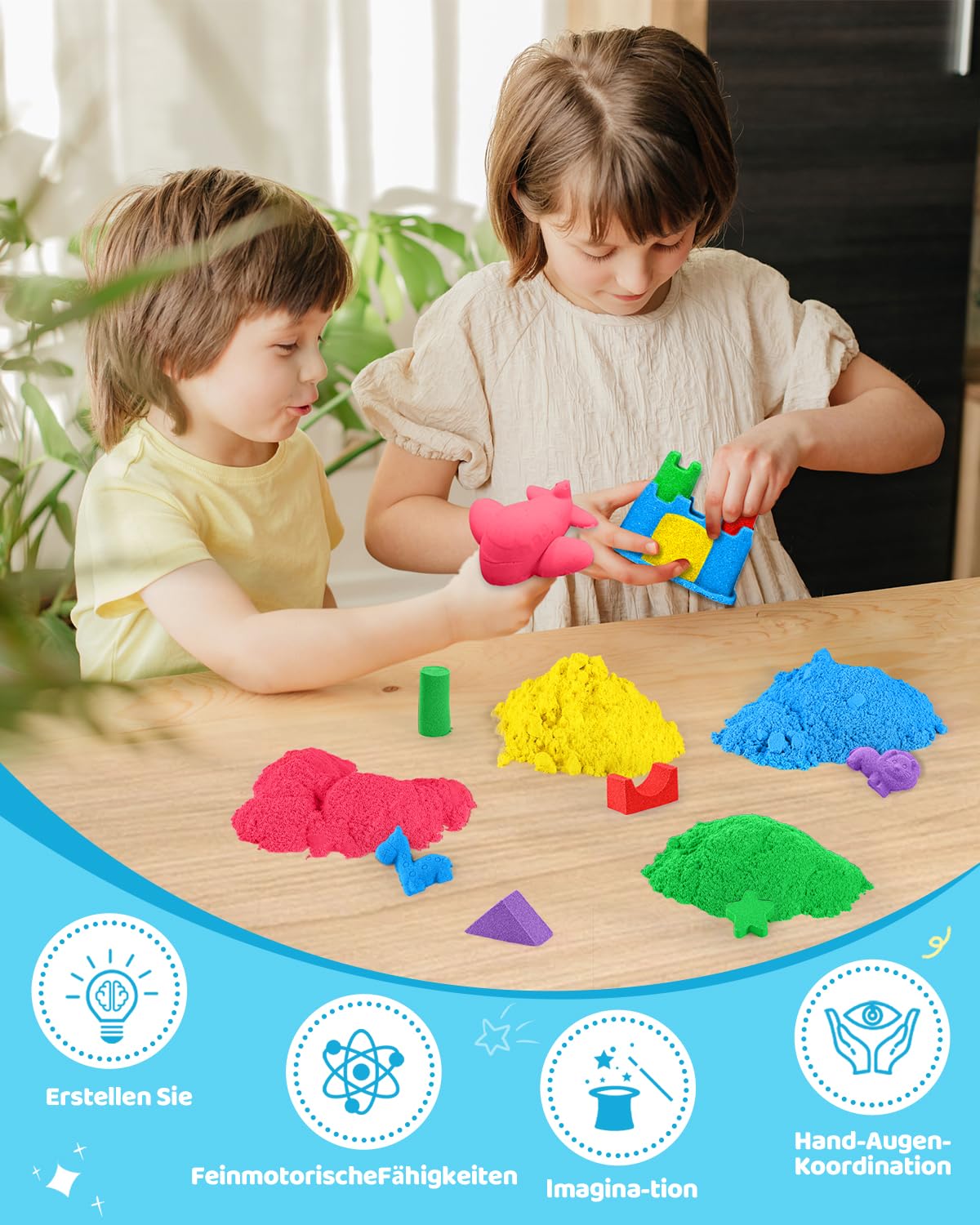AtMini Wonder Sand Regenbogen Mix Set -5kg Spielsand with 6 Farbe，Knetsand für kinder Sandbox mit Deckel für kinder 3 4 5 6 7+ Jahre Alt（Blau）
