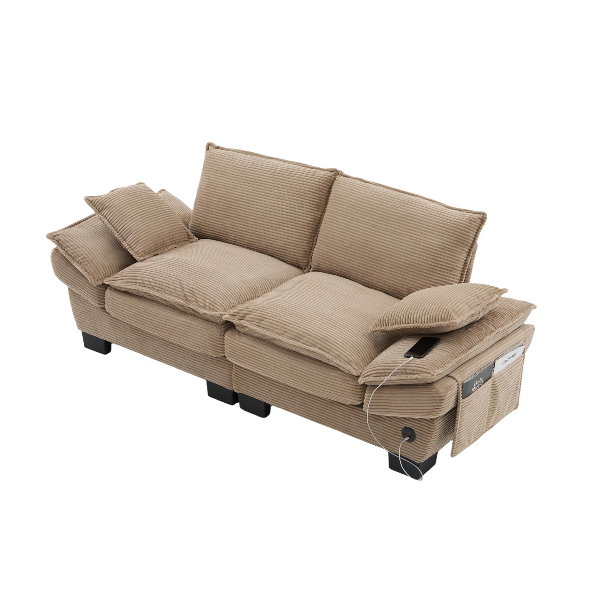 Sofá Cama con Respaldo y Almohada para Salón, Sofá Doble con Cómodos Cojines y Reposabrazos, Sofás con Bolsillos Laterales para Dormitorio Apartamento, Sofás Modular, Pana (Caqui)
