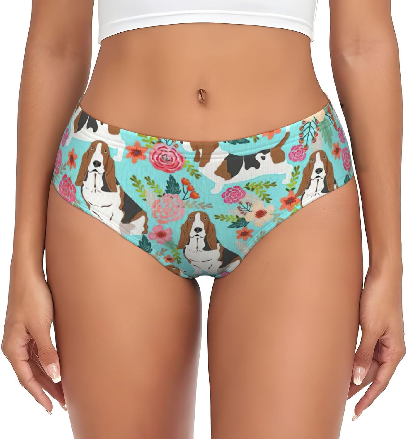 Sweet Basset Hound Florals Print Women's Beyondsoft Stretch Breathe Briefs Underwear,Comfort Flex Panties