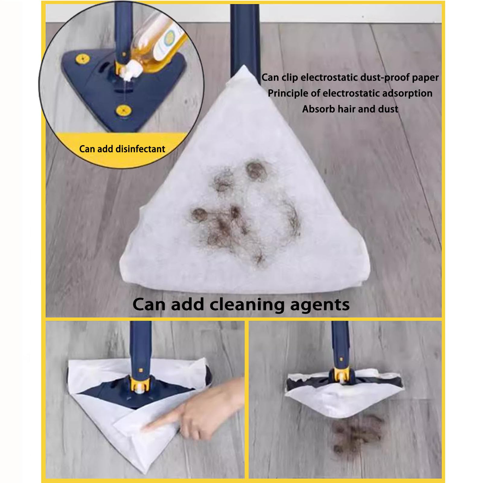 Mopa Triangular Giratoria 360°,Trapeador Automático de Drenaje,Fregona Limpiadora de Paredes con 4 Paños de Microfibra,Mopa Giratoria Telescópica para Suelos Azulejos Techos Ventanas,Blanca