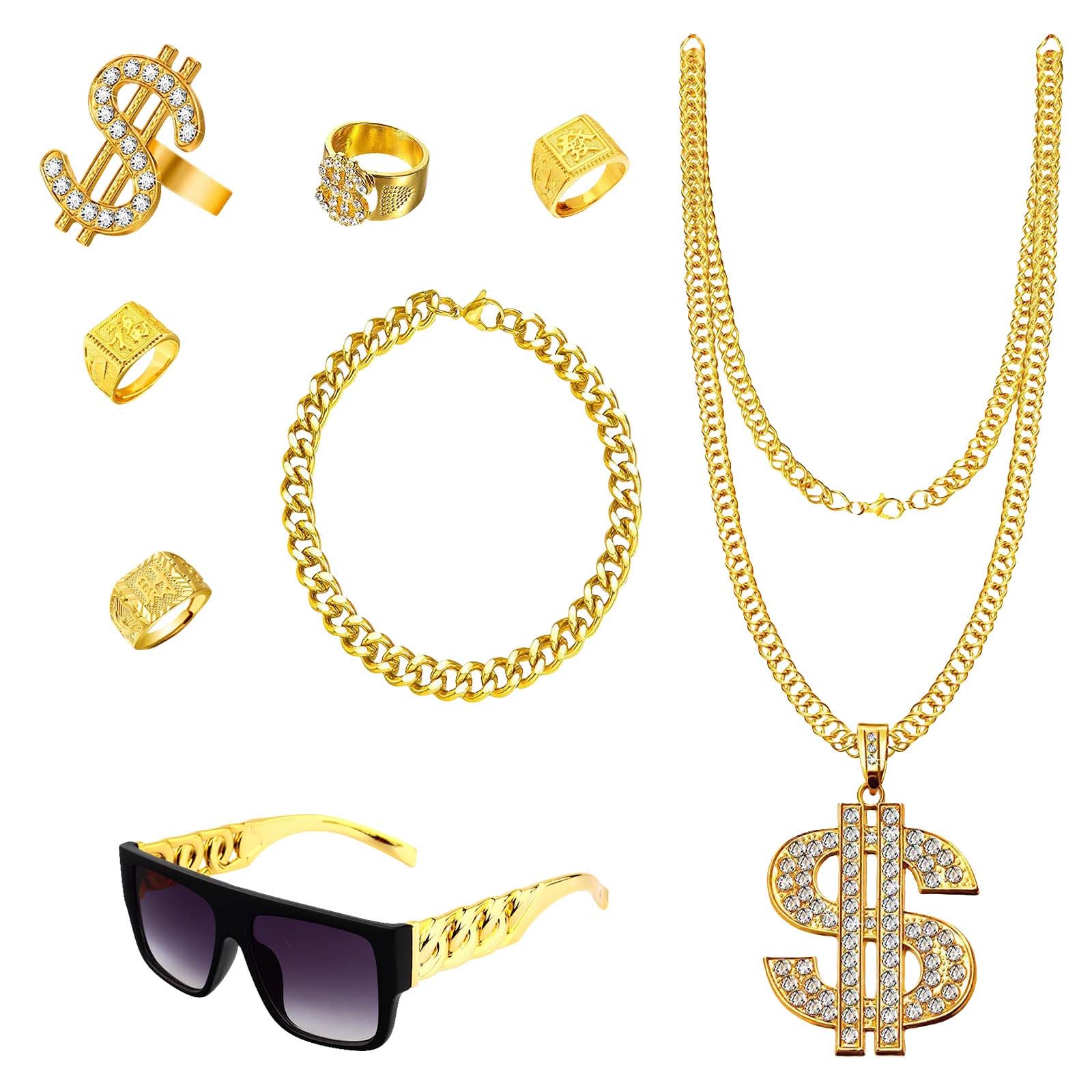 Bagtopia 8Pcs Hip Hop Costume Set, 80s 90s Rapper Hippie Accessories for Women Men with Fake Gold Chain, Necklace, Sunglasses, Dollar Sign Rings, Bracelet Fancy Dress for Halloween Party — image 1