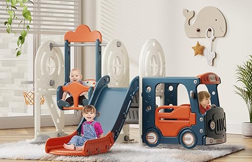 Miniatura 36 de BIERUM Tobogán para niños pequeños de 1 a 3 años con aro de baloncesto y columpio, tobogán de bebé para niños, regalo ideal para interiores